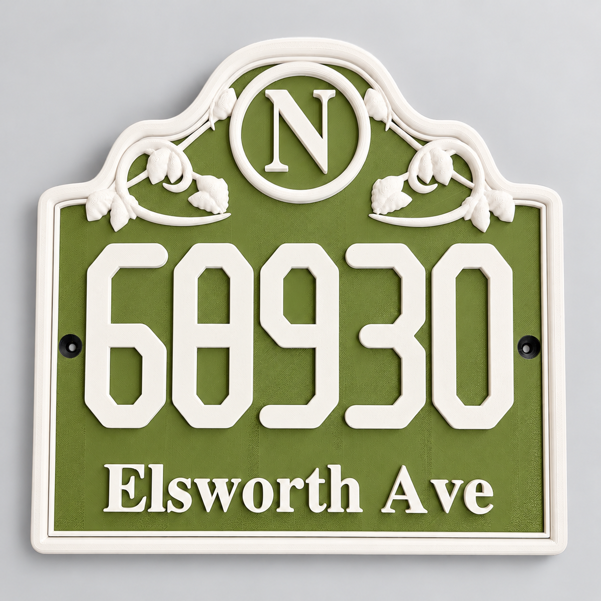 HSornate-gw ornate green house sign with raised white lettering and scrollwork