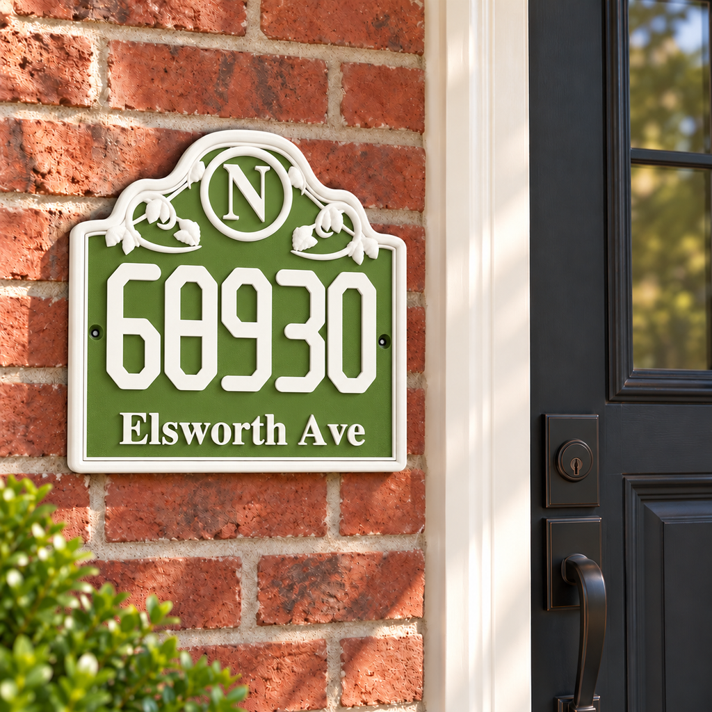 HSornate-gw green and white personalized house sign mounted on a brick entryway