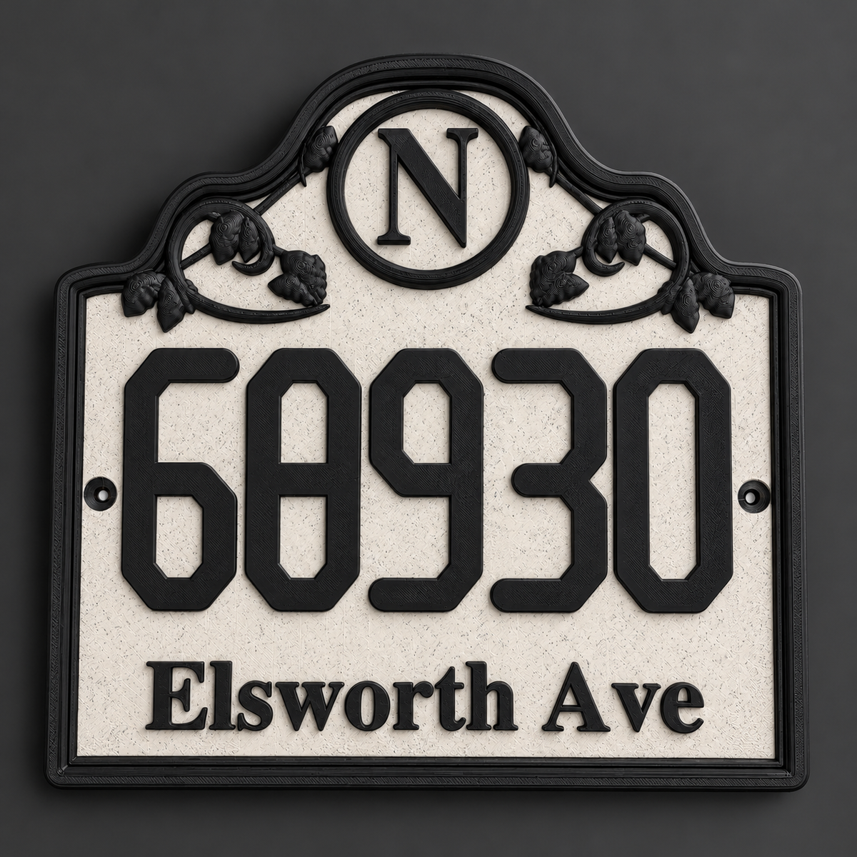 HSornate-mb ornate marble house sign with black raised lettering and scrollwork