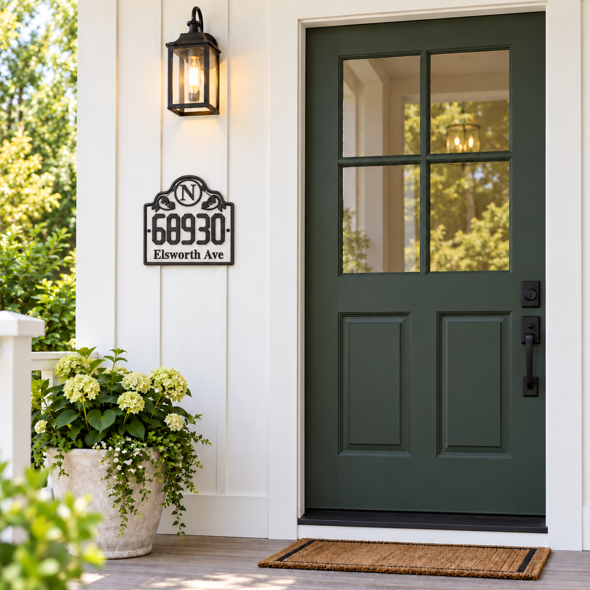 HSornate-mb marble house number sign with black details on a farmhouse porch