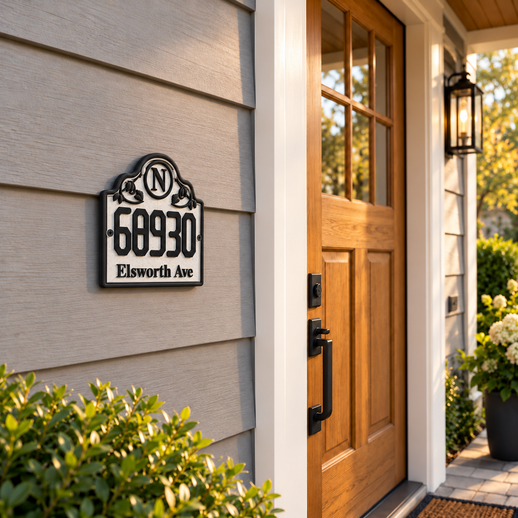 HSornate-mb marble and black ornate address sign on gray house siding