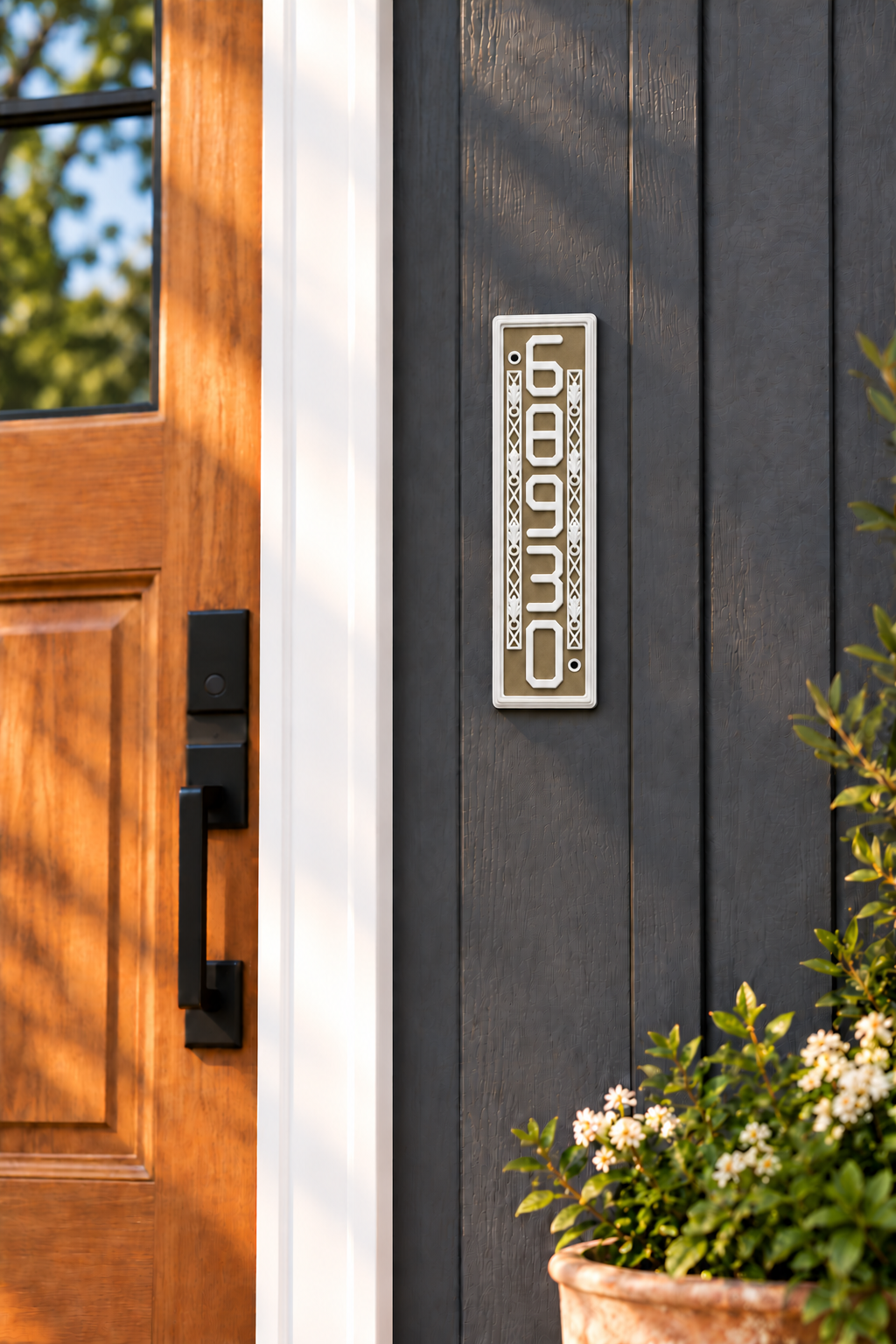 HSornatev-brw vertical brown and white house and mailbox number sign, on dark house siding beside a wood front door