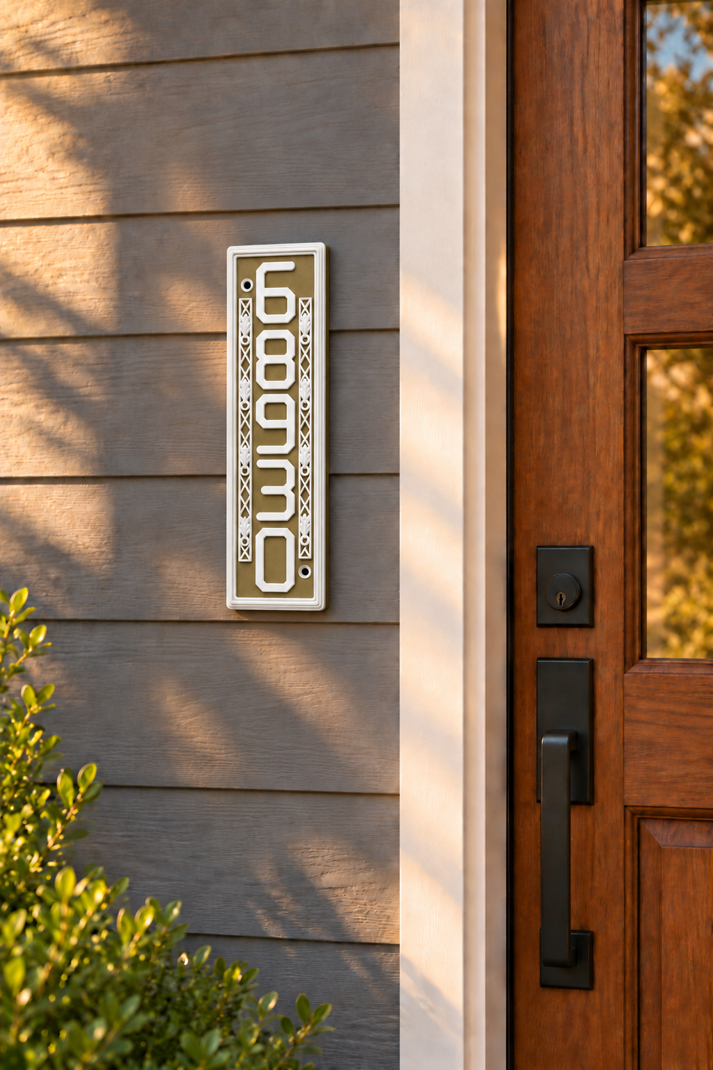 HSornatev-brw vertical brown and white house and mailbox number sign, mounted on gray house siding