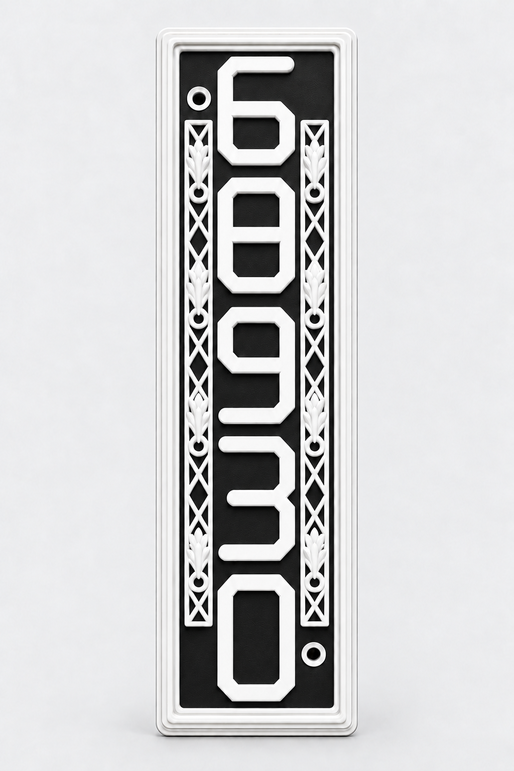 HSornatev-bw vertical black and white house and mailbox number sign, studio front view with raised 68930 numbers, ornate side details and rounded white border