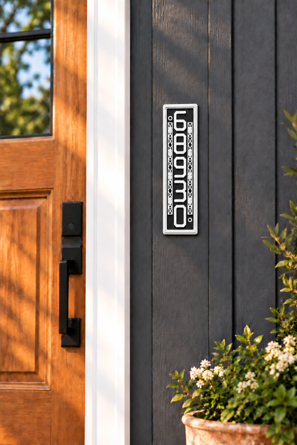 HSornatev-bw vertical black and white house and mailbox number sign, on dark house siding beside a wood front door
