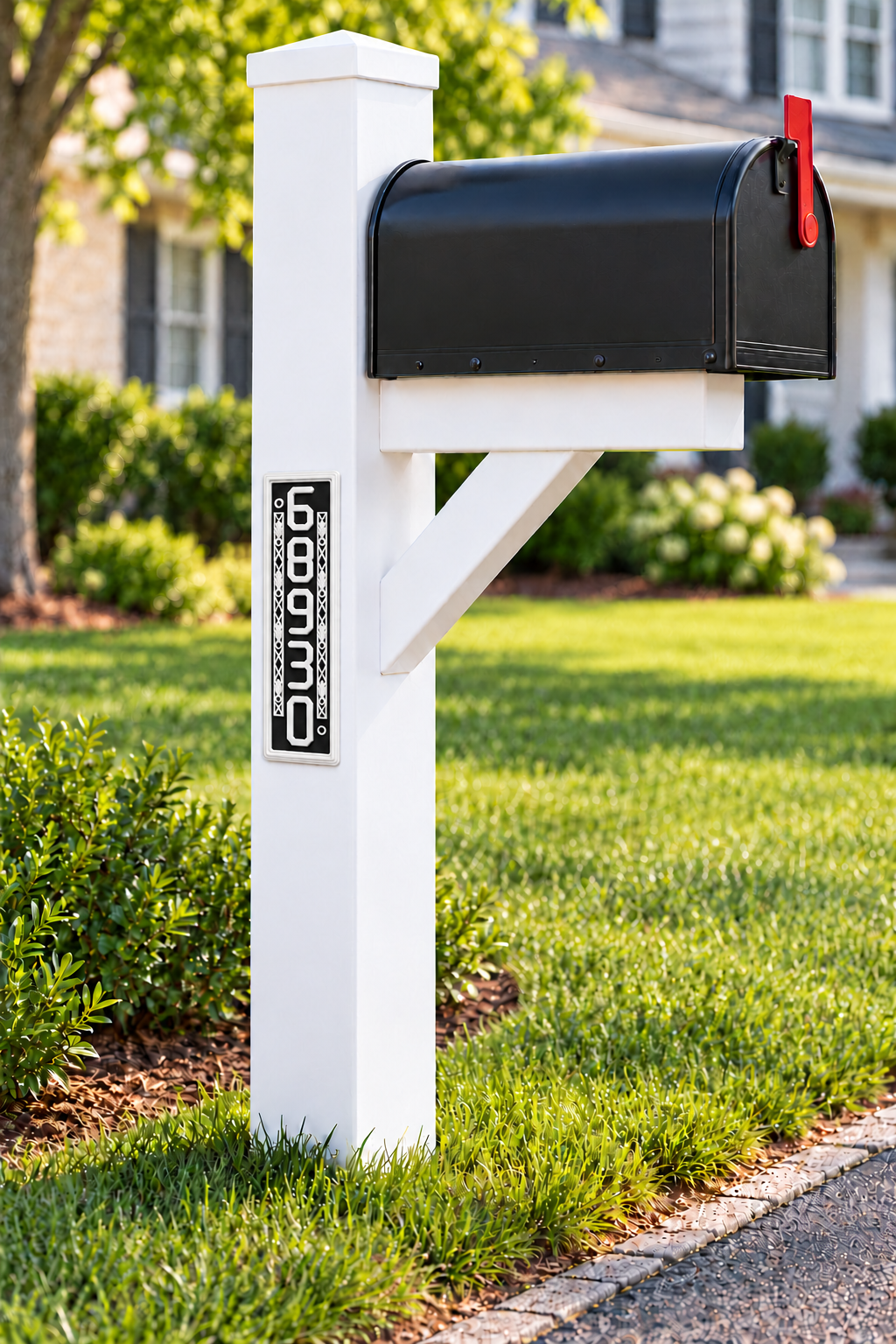 HSornatev-bw vertical black and white house and mailbox number sign, mounted on the side of a white mailbox post