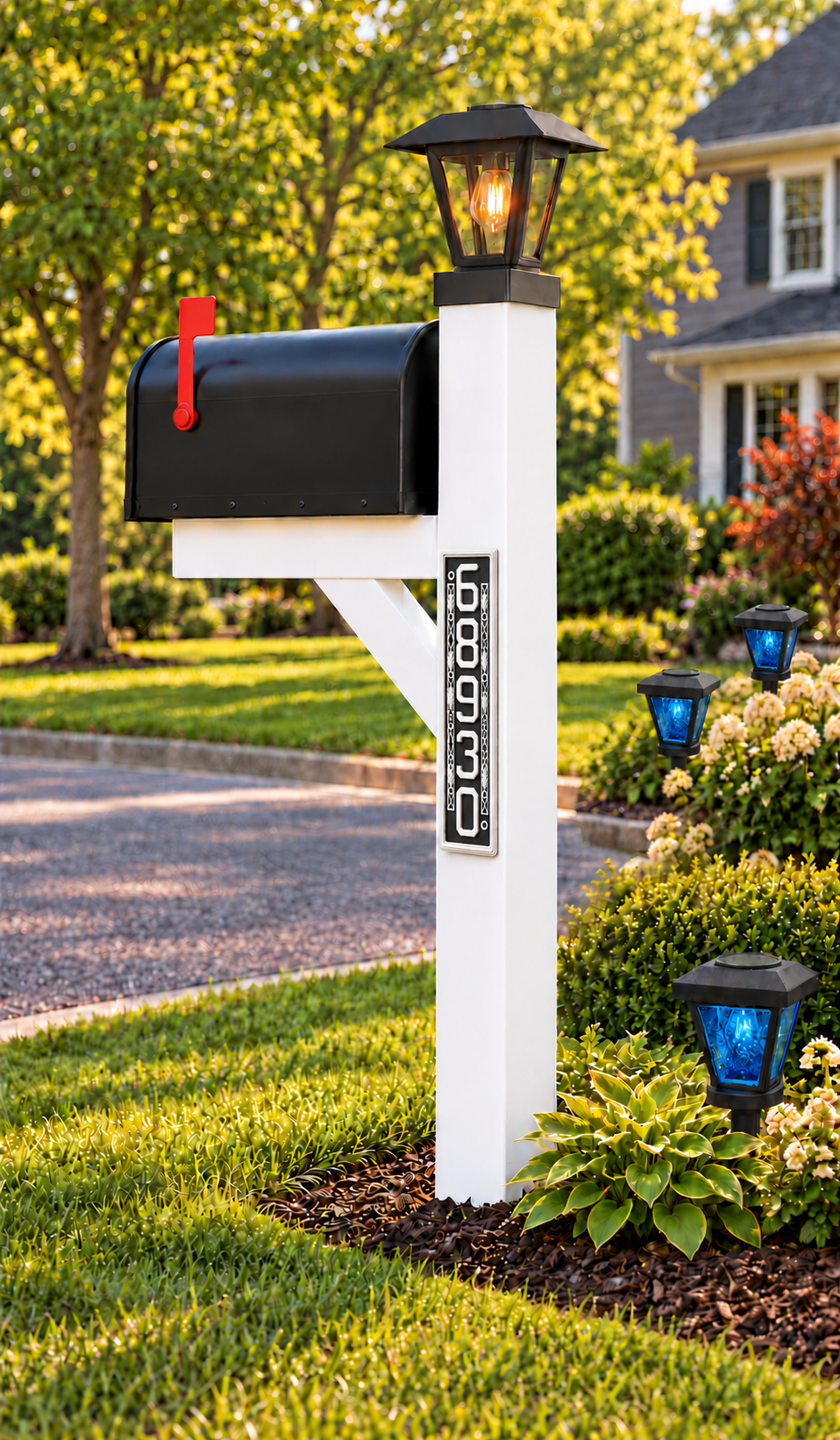 HSornatev-bw vertical black and white house and mailbox number sign, opposite-side mailbox view with the sign on the side of the white upright and Newman Outdoor Works solar lights, sold separately