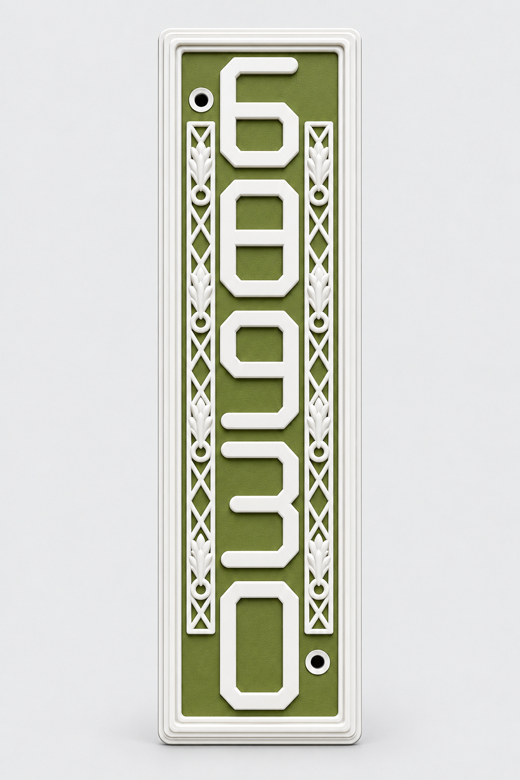 HSornatev-gw vertical green and white house and mailbox number sign, studio front view with raised 68930 numbers, ornate side details and rounded white border