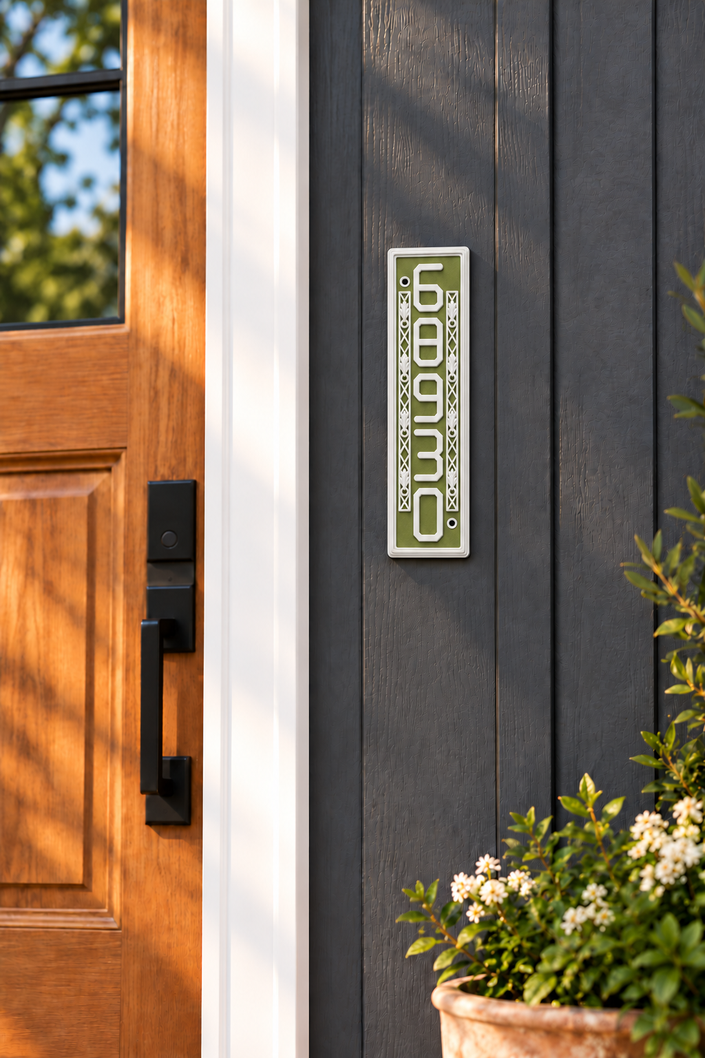 HSornatev-gw vertical green and white house and mailbox number sign, on dark house siding beside a wood front door