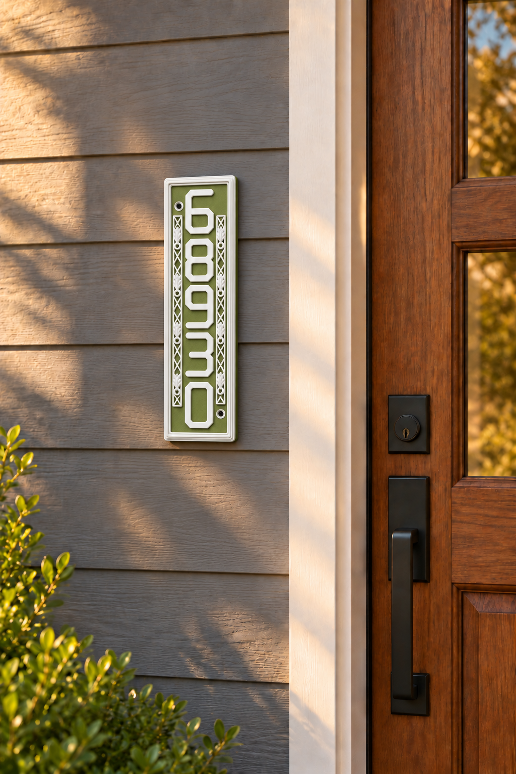 HSornatev-gw vertical green and white house and mailbox number sign, mounted on gray house siding
