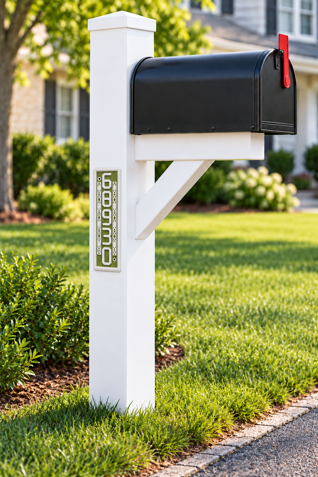 HSornatev-gw vertical green and white house and mailbox number sign, mounted on the side of a white mailbox post