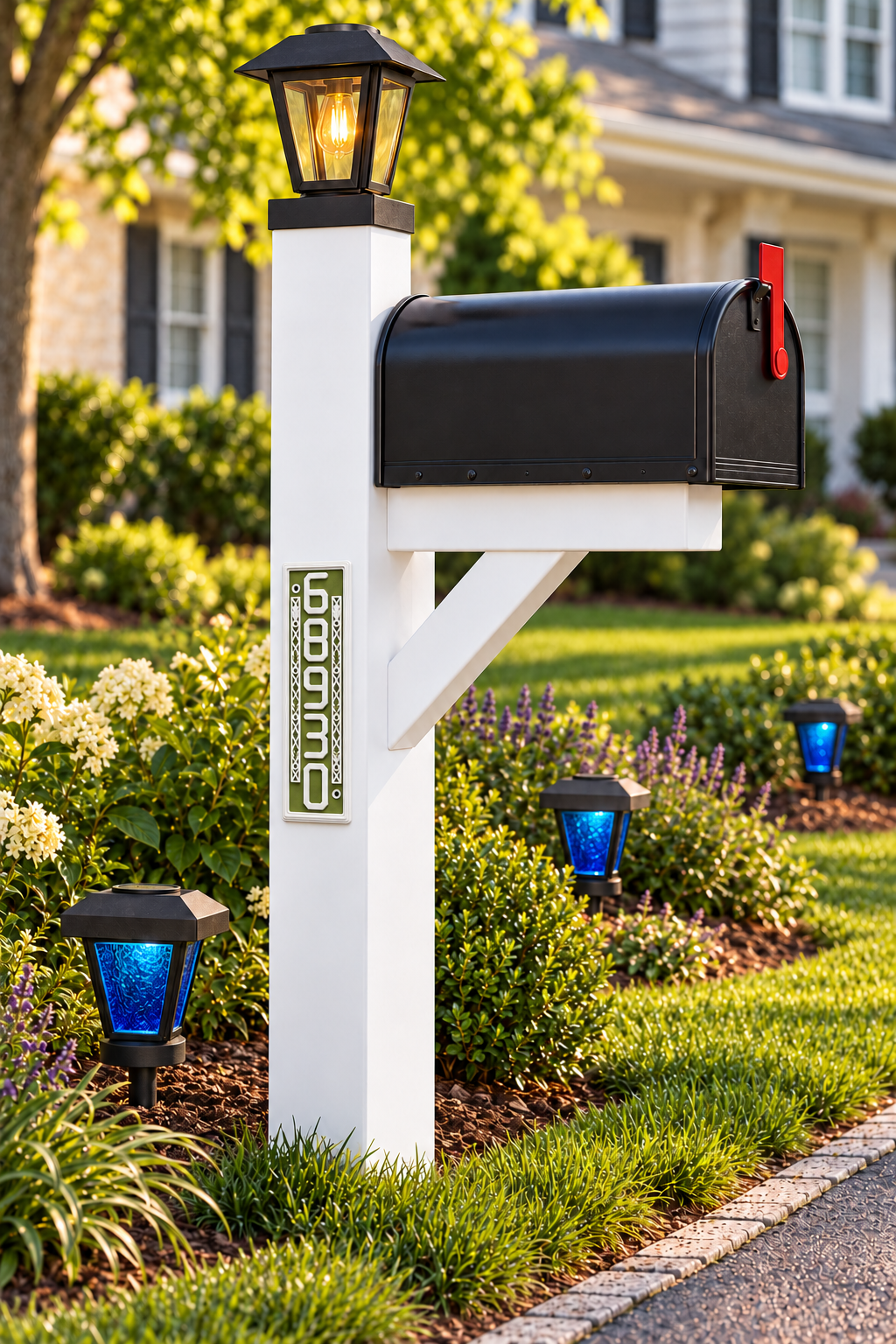 HSornatev-gw vertical green and white house and mailbox number sign, on a white mailbox post with black clear-glass Edison post lantern and blue-glass landscape lights, sold separately