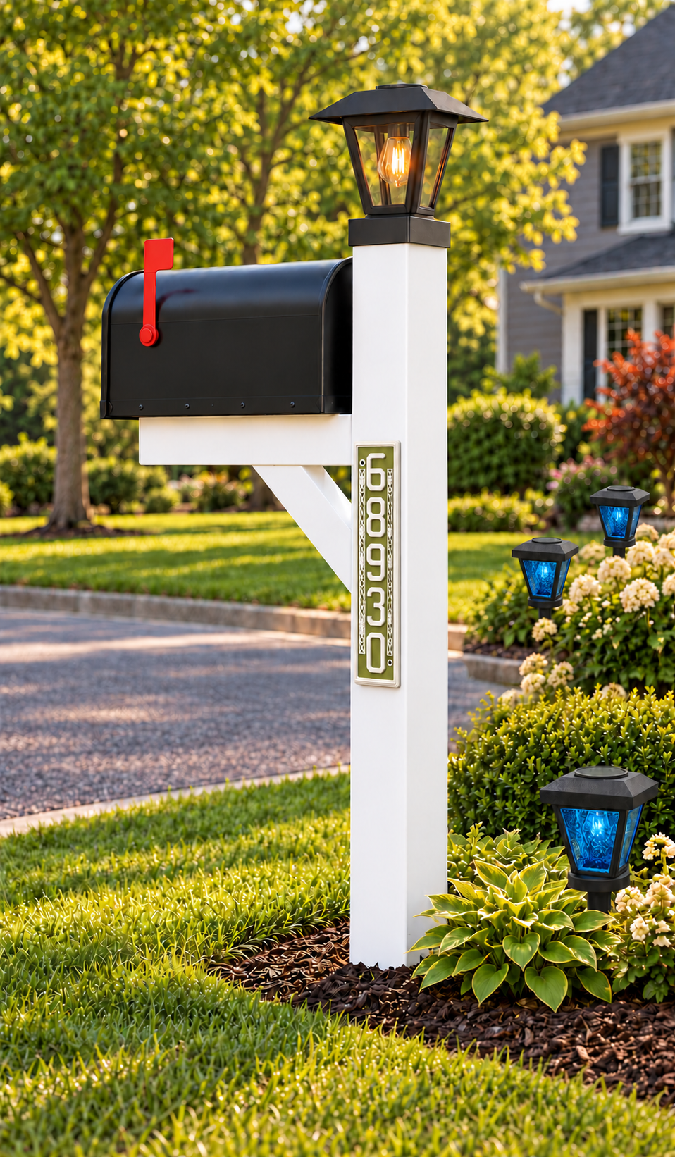 HSornatev-gw vertical green and white house and mailbox number sign, opposite-side mailbox view with the sign on the side of the white upright and Newman Outdoor Works solar lights, sold separately