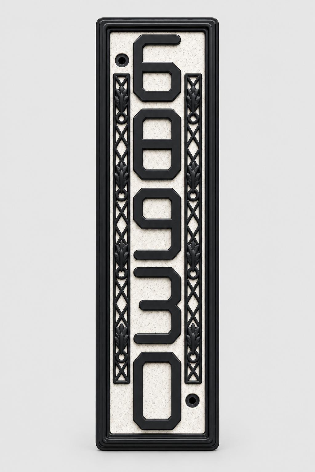 HSornatev-mb vertical marble house and mailbox number sign with raised black 68930 numbers, ornate side details and rounded border