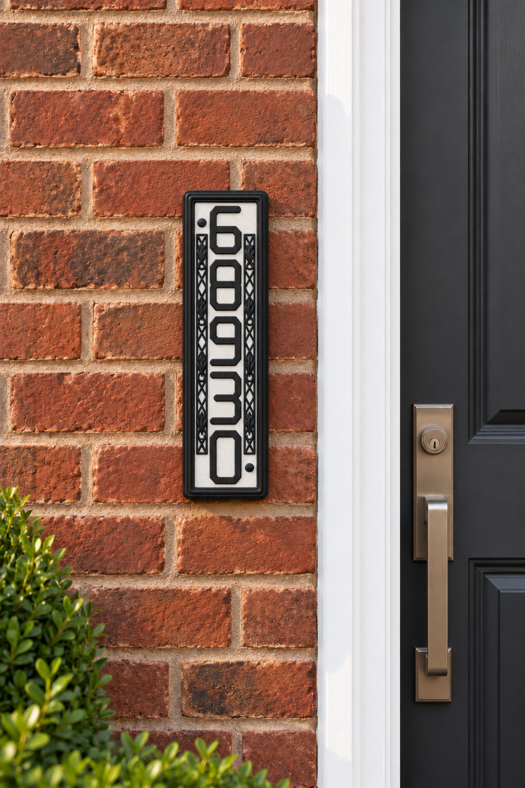 Personalized vertical marble and black house number sign mounted beside a brick home entrance