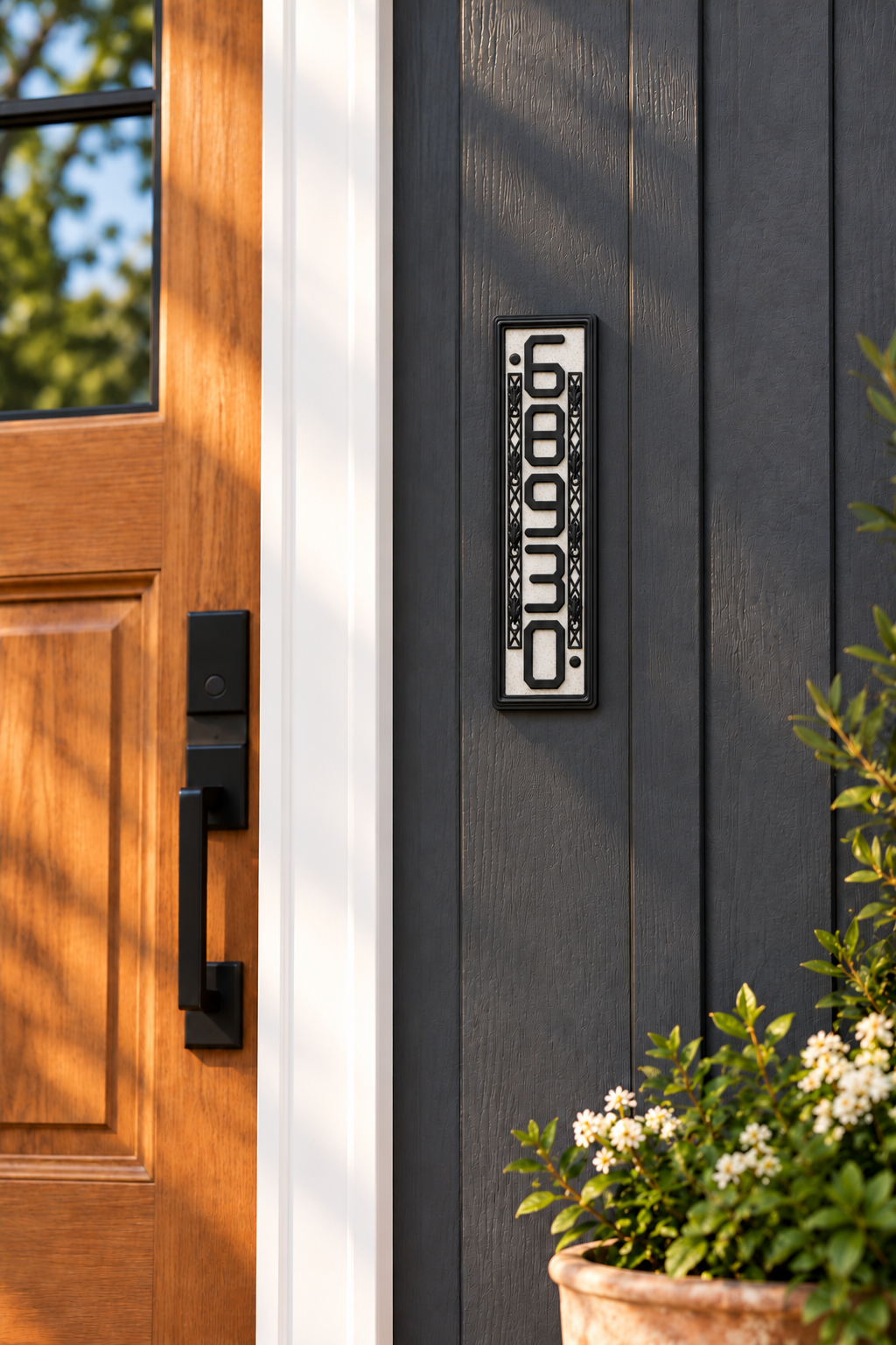 HSornatev-mb ornate vertical address sign on dark house siding beside a wood front door