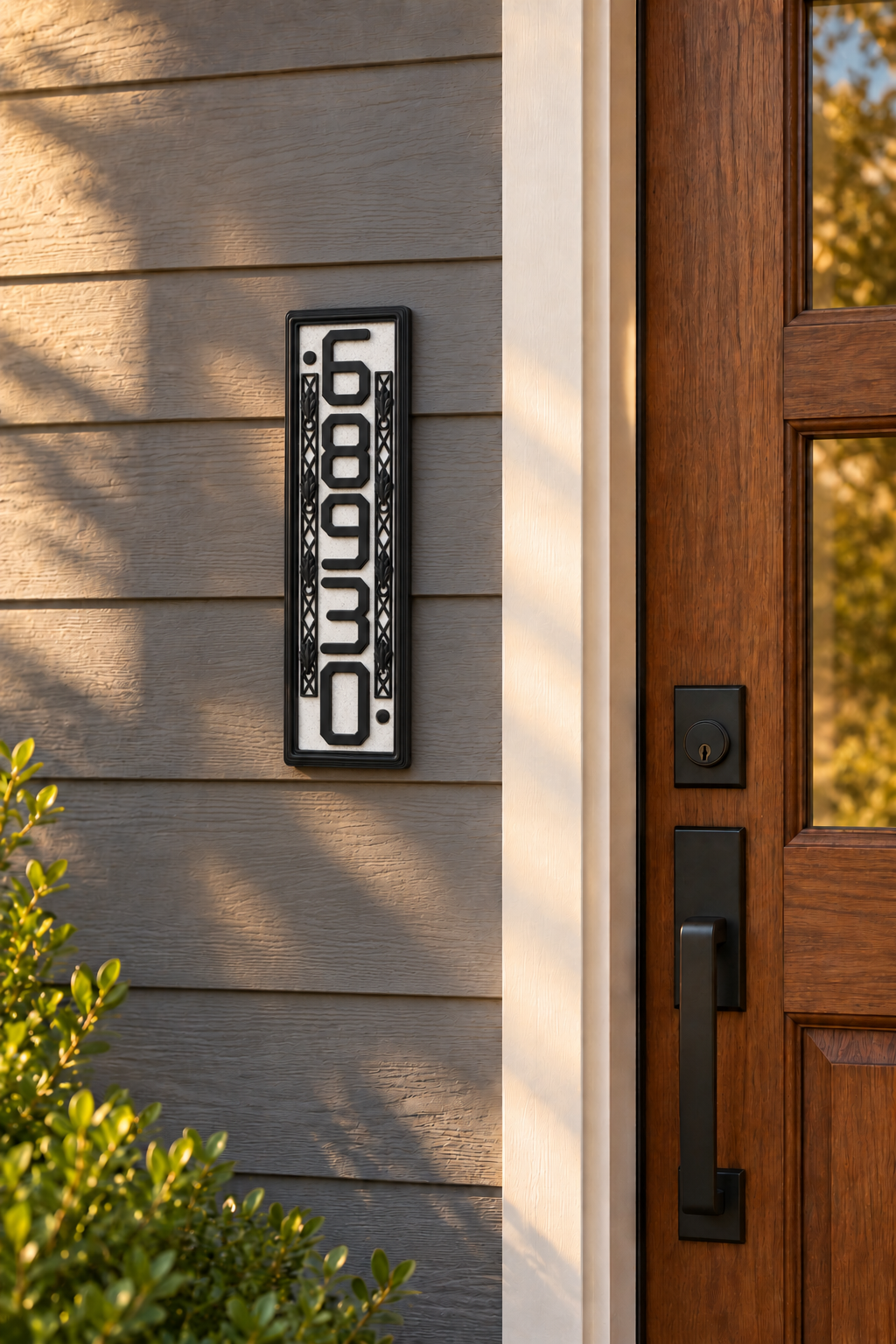 Marble and black vertical house number plaque mounted on gray siding