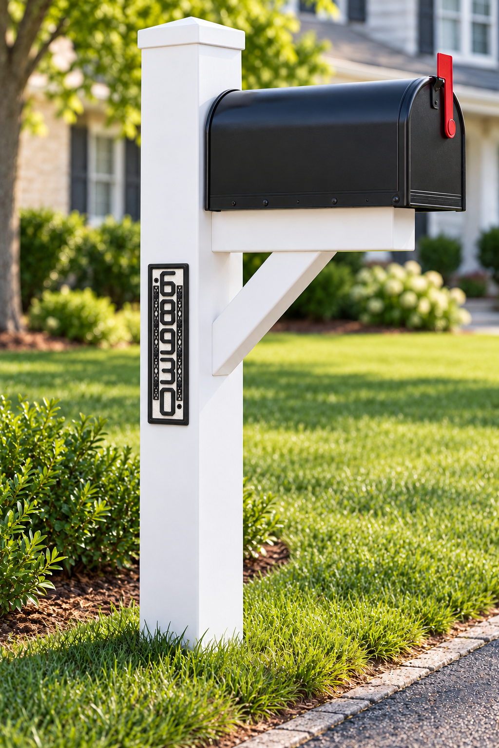 HSornatev-mb vertical number sign mounted on the side of a white mailbox post