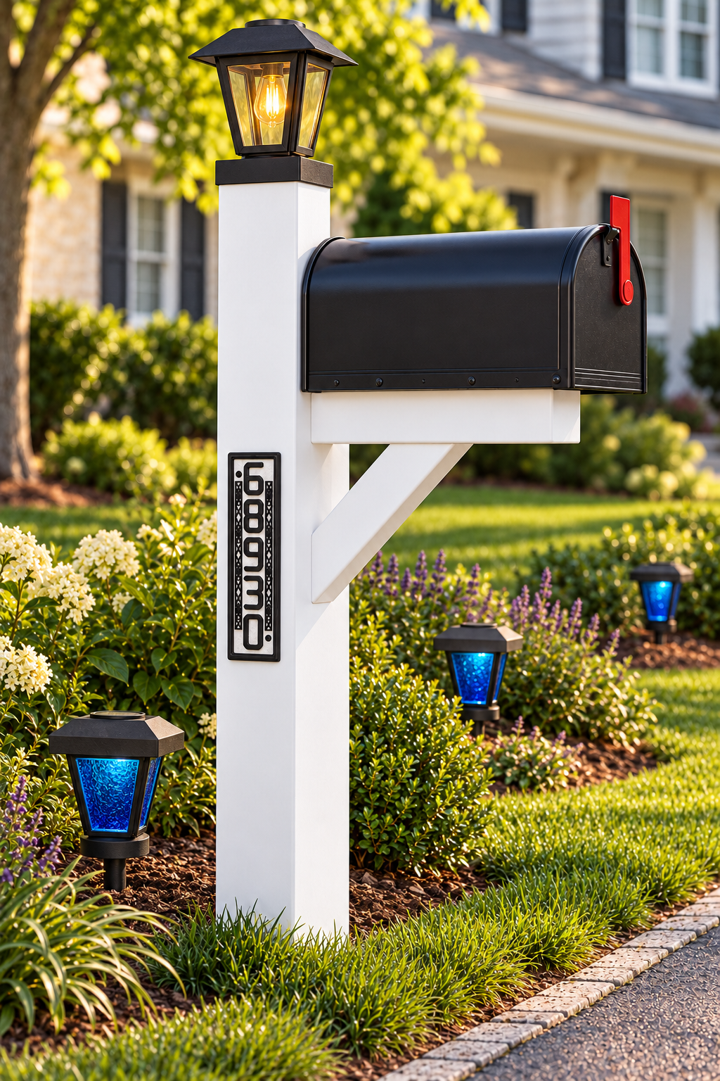Vertical marble and black mailbox post number sign shown with a black clear-glass Edison post lantern and blue-glass landscape lights, sold separately