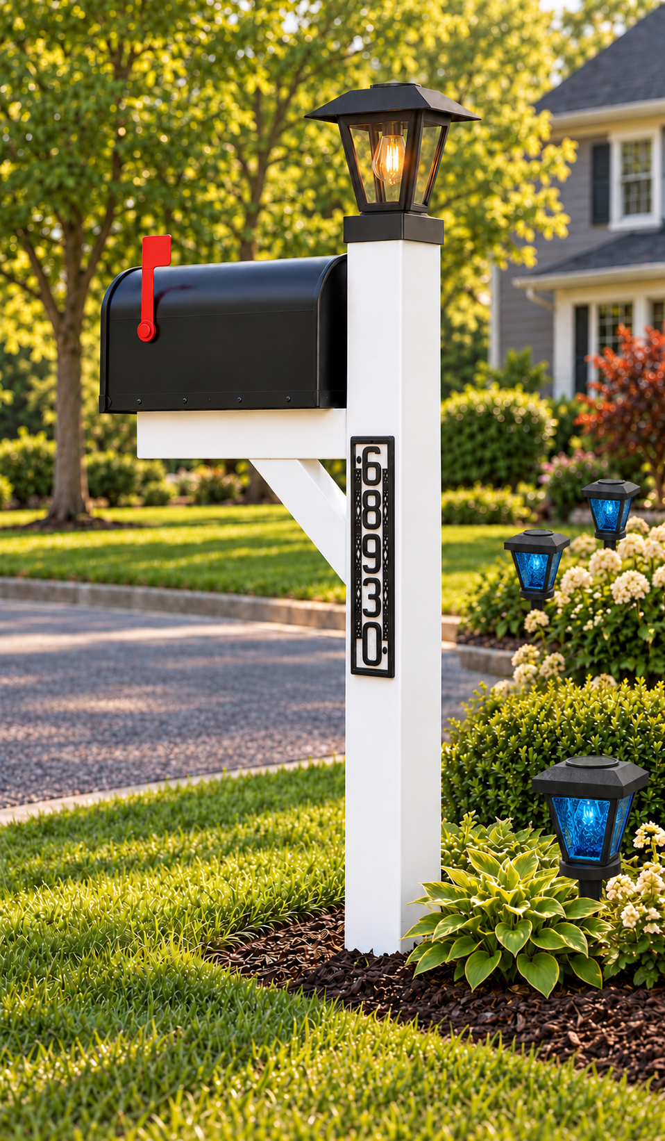 Opposite-side mailbox view with HSornatev-mb sign mounted on the side of the white post, with Newman Outdoor Works solar lighting sold separately