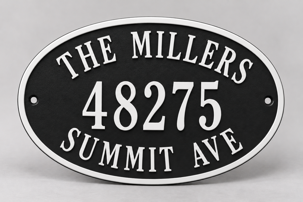 Personalized oval family name and address sign in black and white — front product view