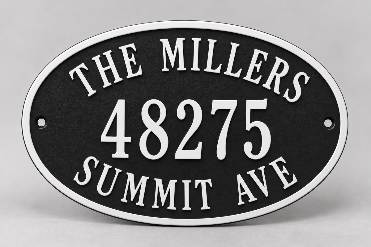 Personalized oval family name and address sign in black and white — front product view