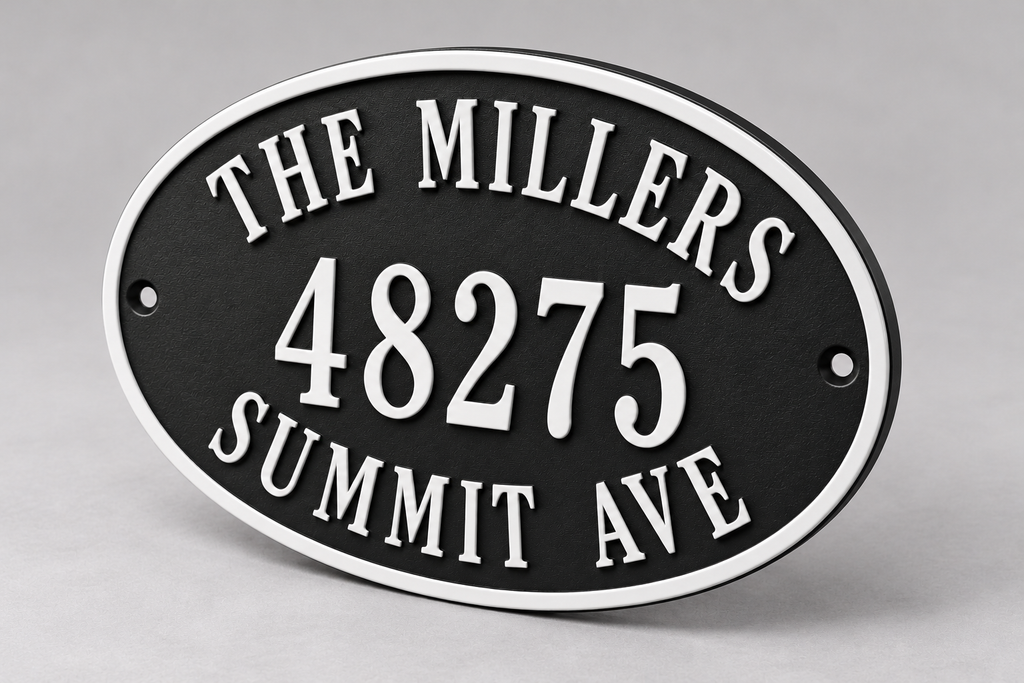 Personalized oval family name and address sign in black and white — angled detail view