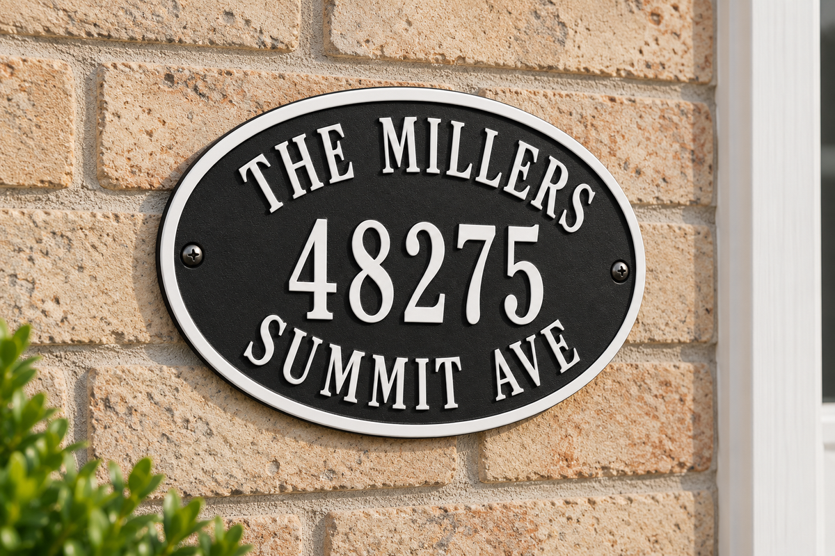 Personalized oval family name and address sign in black and white — brick house view