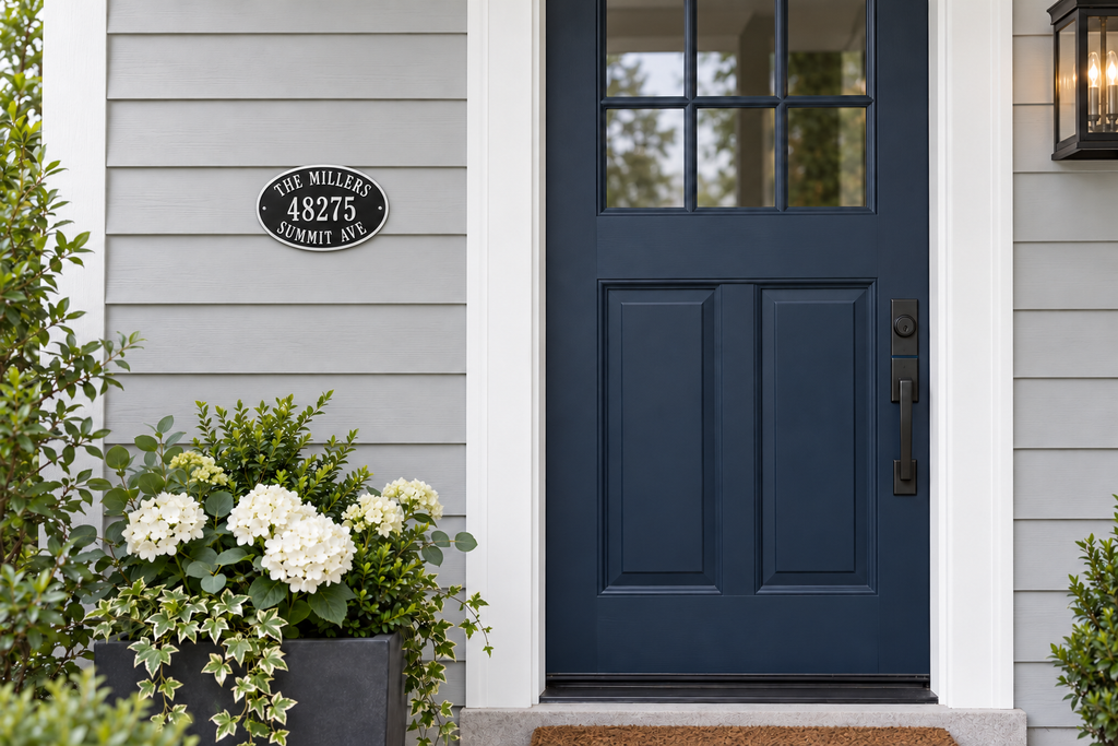 Personalized oval family name and address sign in black and white — house entry view