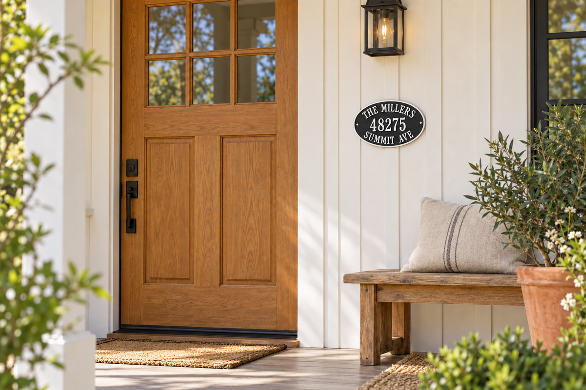 Personalized oval family name and address sign in black and white — farmhouse porch view