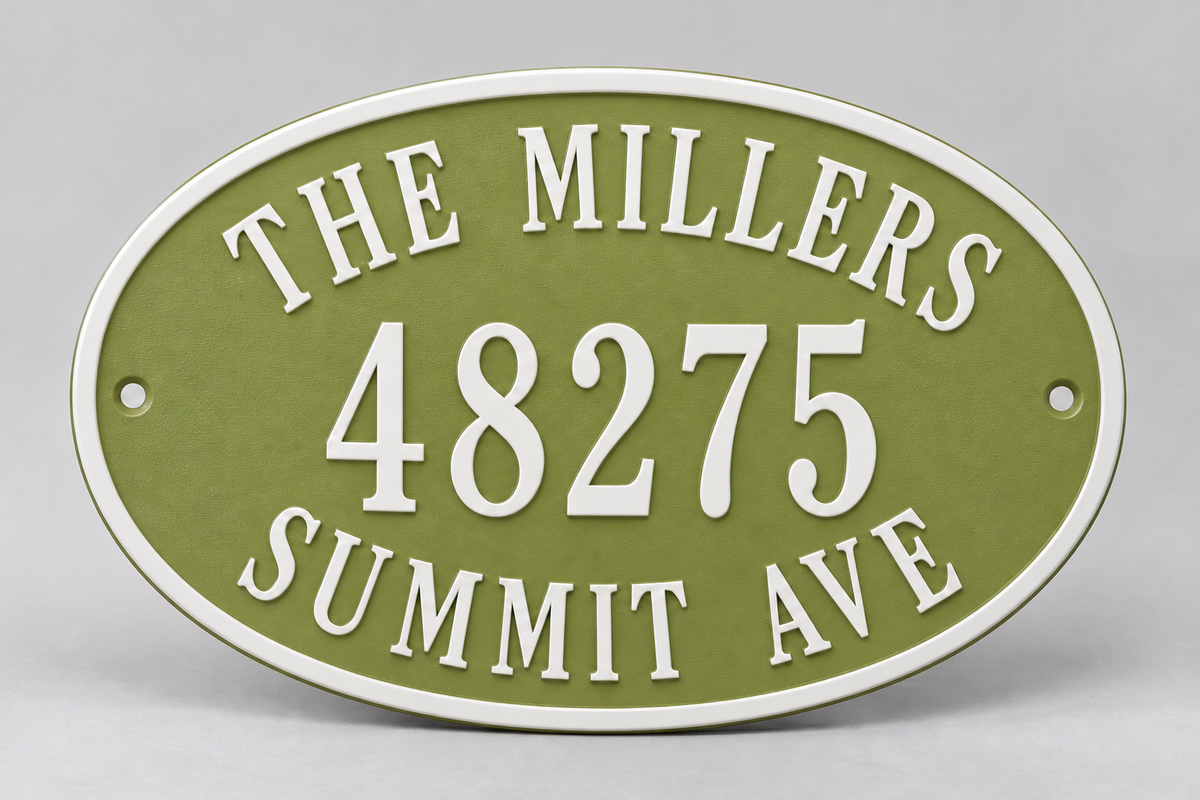 Personalized oval family name and address sign in natural green and white — front product view