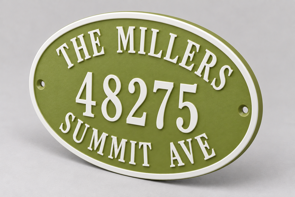 Personalized oval family name and address sign in natural green and white — angled detail view