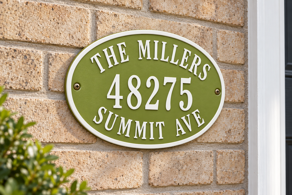 Personalized oval family name and address sign in natural green and white — brick house view