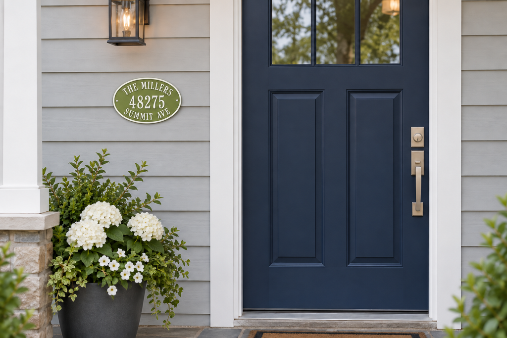 Personalized oval family name and address sign in natural green and white — house entry view