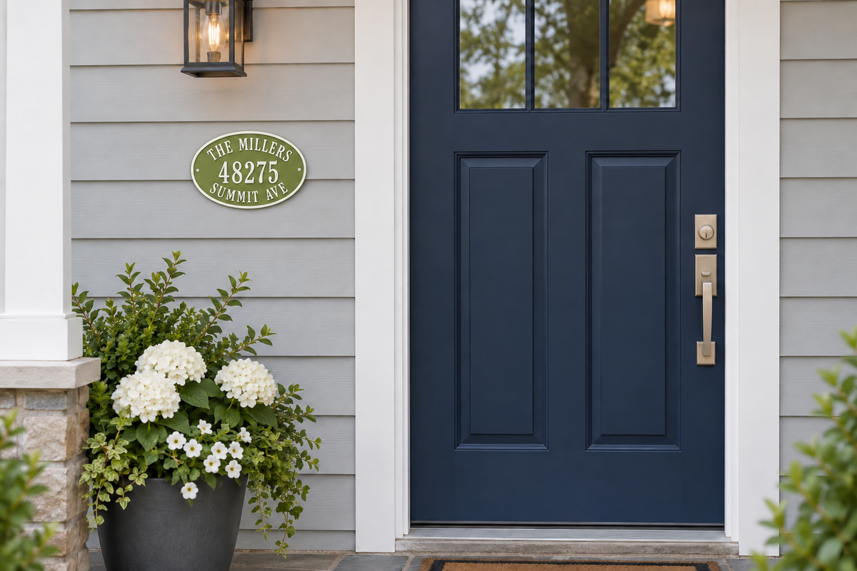 Personalized oval family name and address sign in natural green and white — house entry view
