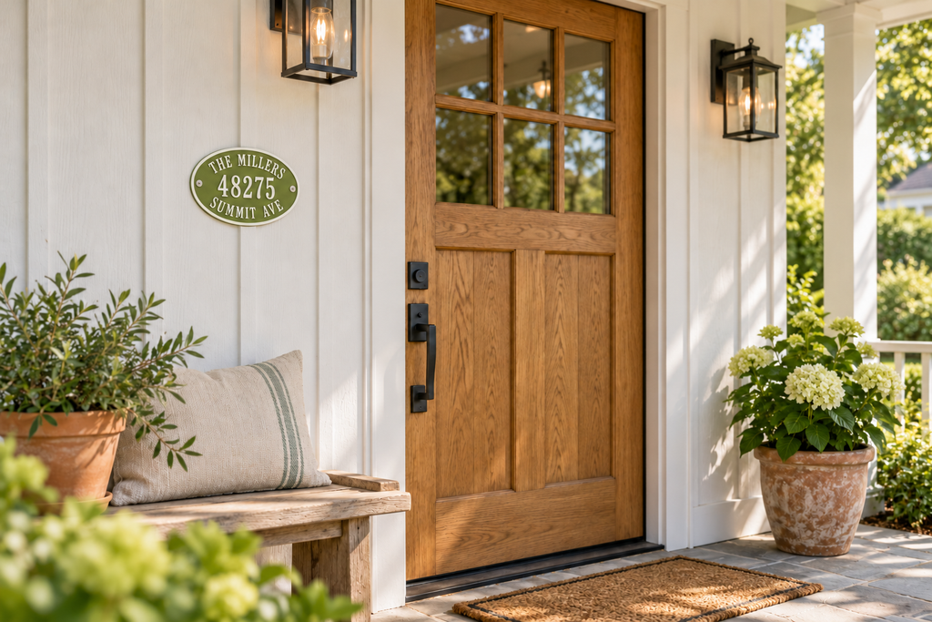 Personalized oval family name and address sign in natural green and white — farmhouse porch view