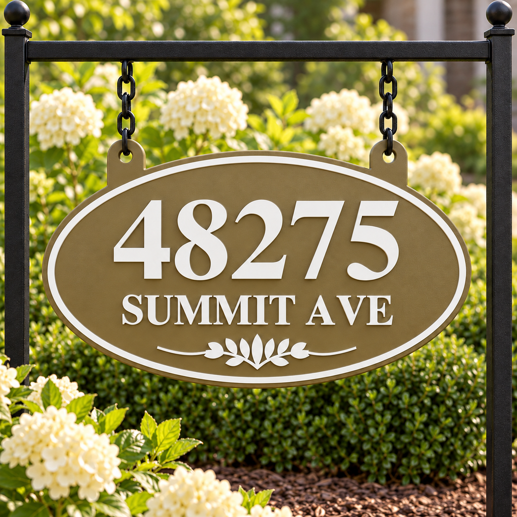 Olive Brown & White oval hanging address sign with 48275 Summit Ave, garden stand front view