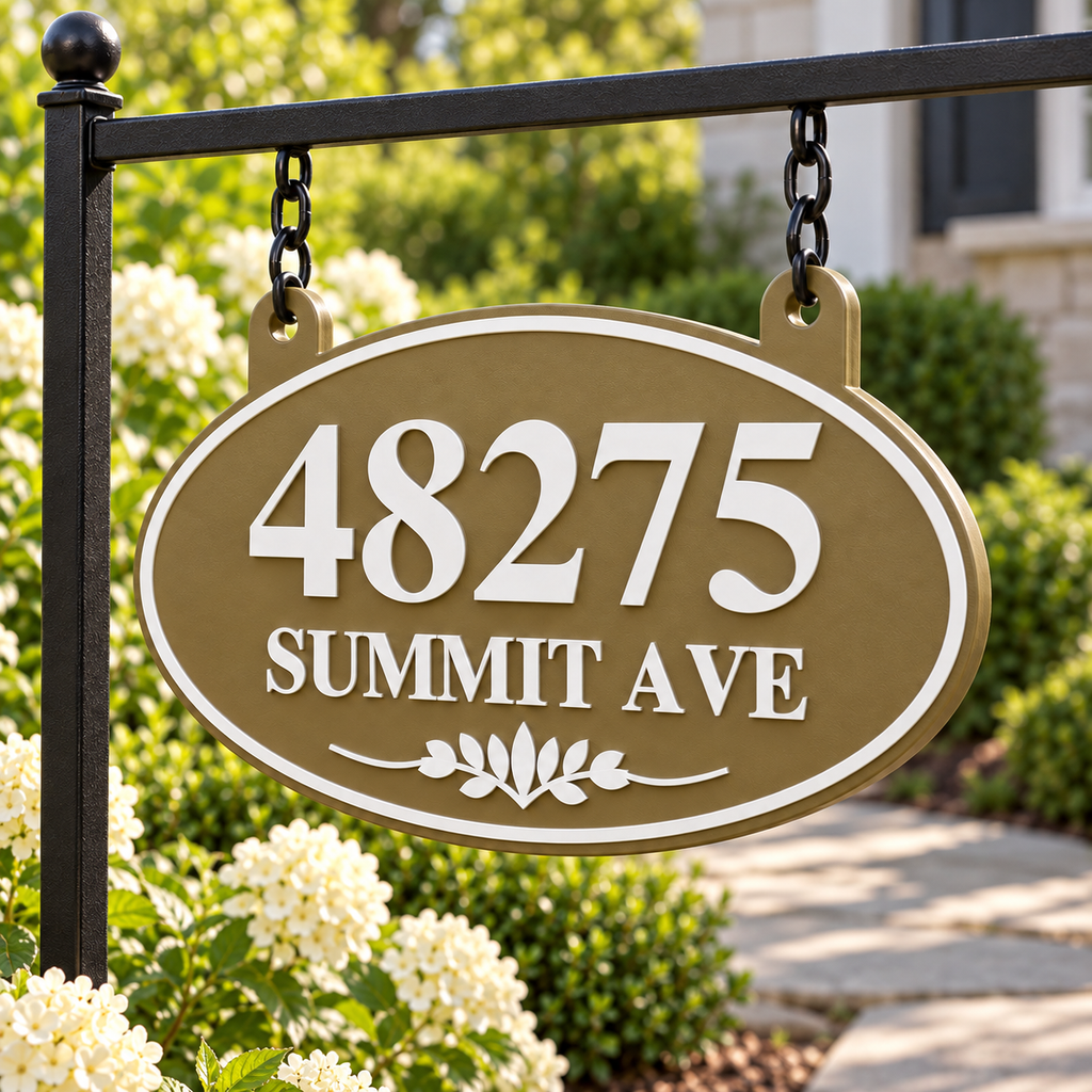 Olive Brown & White oval hanging address sign with 48275 Summit Ave, angled view showing raised detail