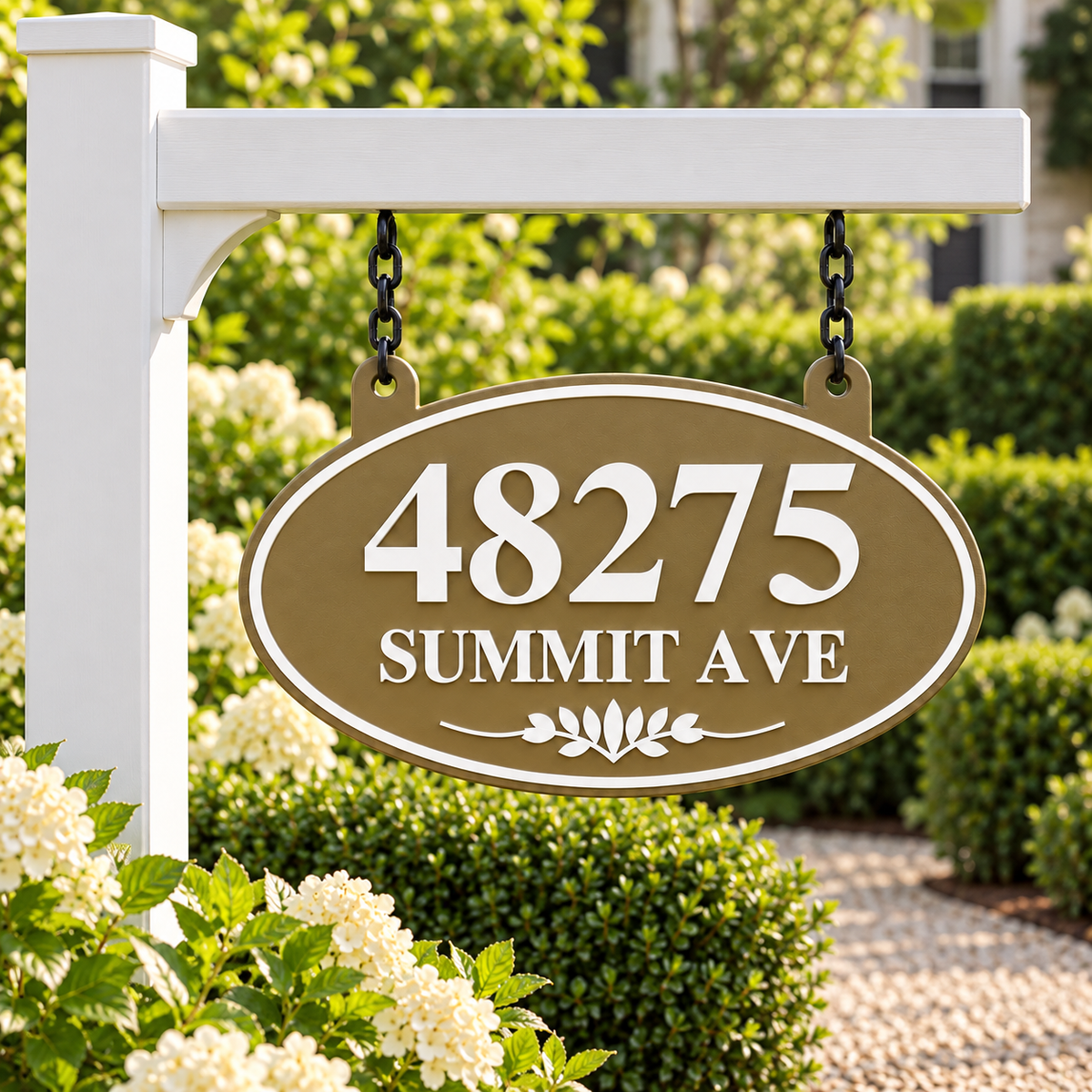 Olive Brown & White oval hanging address sign with 48275 Summit Ave, hanging from a white post arm