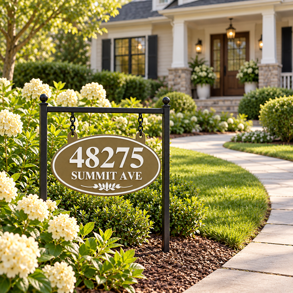 Olive Brown & White oval hanging address sign with 48275 Summit Ave, wide front yard view