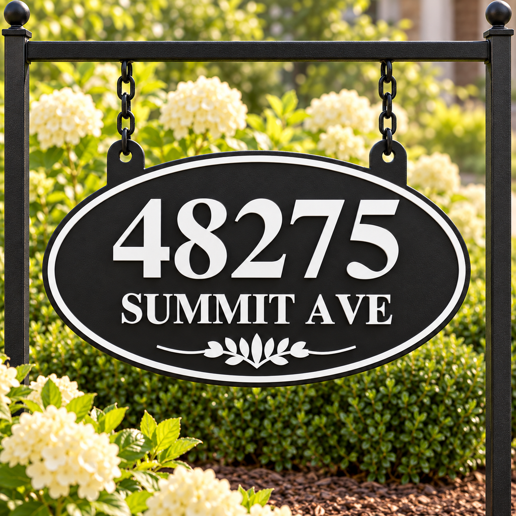 Black & White oval hanging address sign with 48275 Summit Ave, garden stand front view