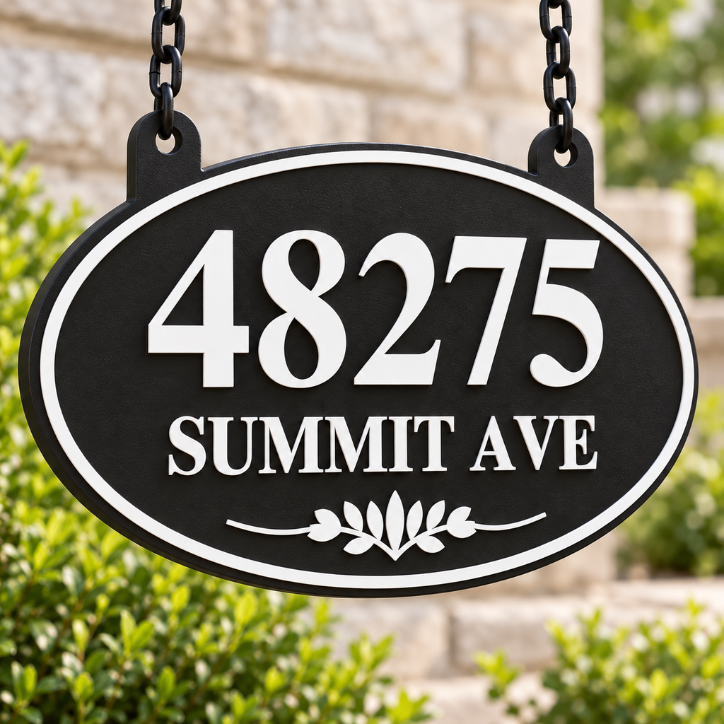 Black & White oval hanging address sign with 48275 Summit Ave, close view of lettering and finish