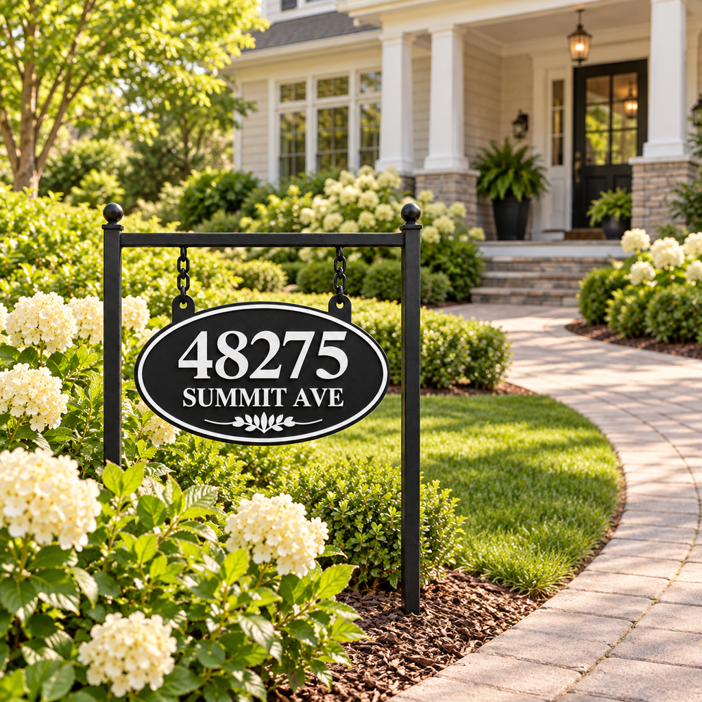 Black & White oval hanging address sign with 48275 Summit Ave, wide front yard view