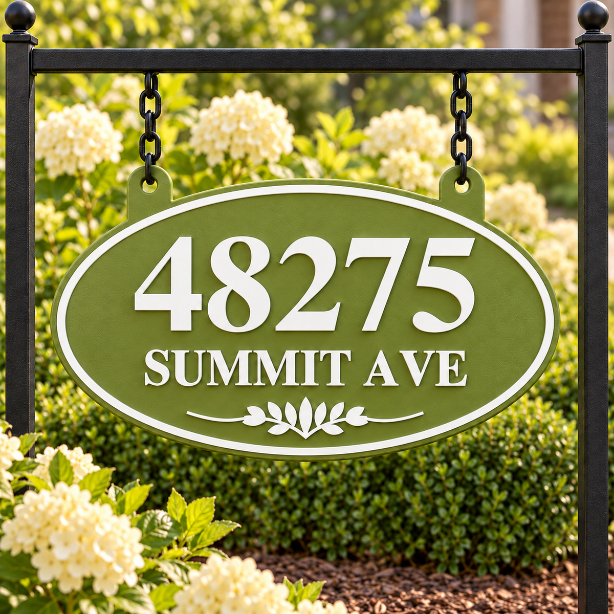 Natural Green & White oval hanging address sign with 48275 Summit Ave, garden stand front view