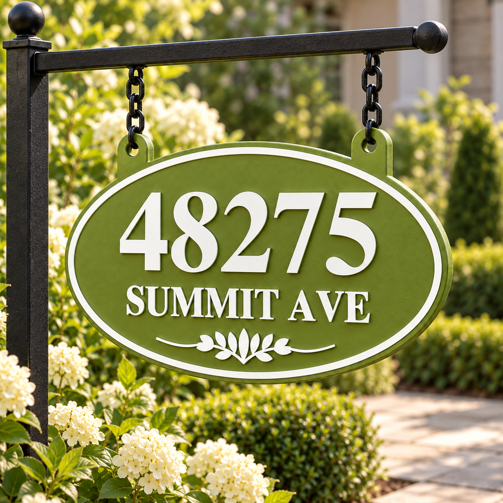 Natural Green & White oval hanging address sign with 48275 Summit Ave, angled view showing raised detail