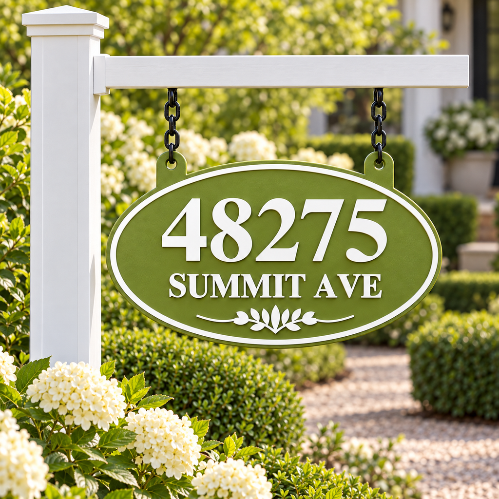 Natural Green & White oval hanging address sign with 48275 Summit Ave, hanging from a white post arm