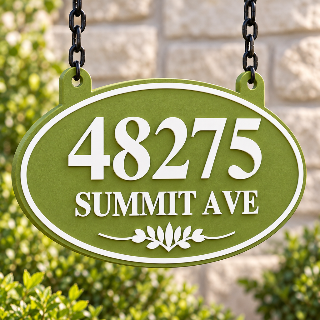 Natural Green & White oval hanging address sign with 48275 Summit Ave, close view of lettering and finish