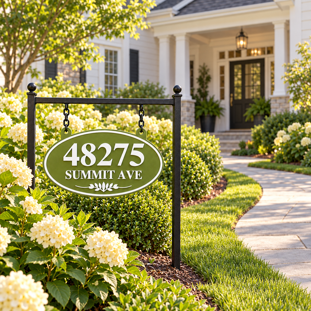 Natural Green & White oval hanging address sign with 48275 Summit Ave, wide front yard view