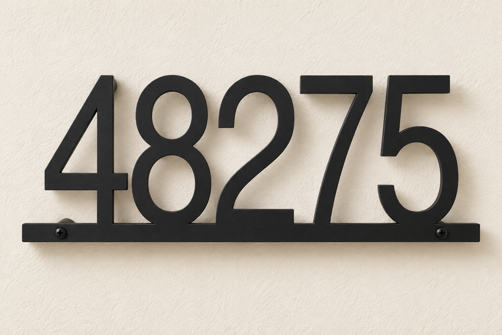 Black floating house number sign 48275 with bottom rail — front hero view