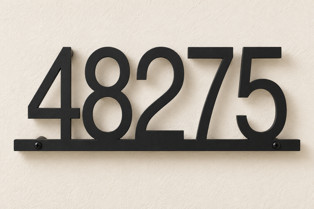 Black floating house number sign 48275 with bottom rail — front hero view
